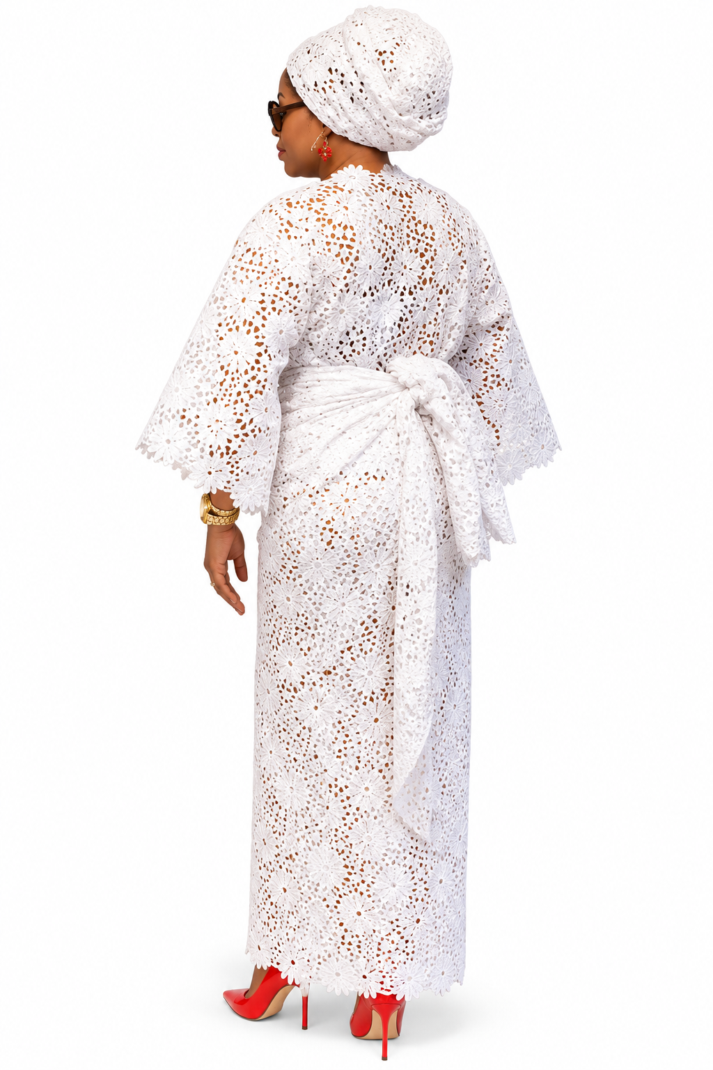 Women's Elegant White Floral Lace Iro and Buba Traditional Outfit with Matching Gele Headwrap, African Wedding and Special Occasion Attire