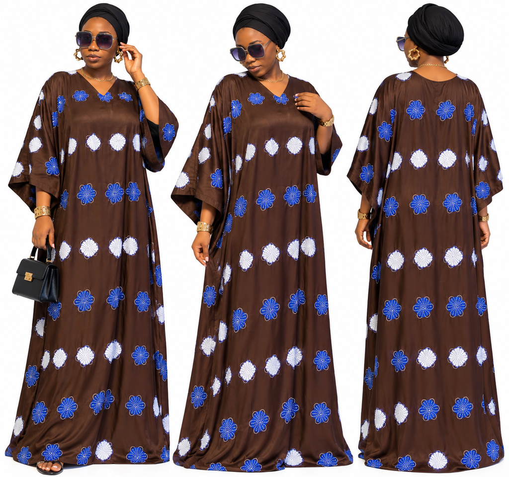 original guinea  African fabric Print Maxi Dress – Loose Fit Long Dress with 3/4 Sleeves