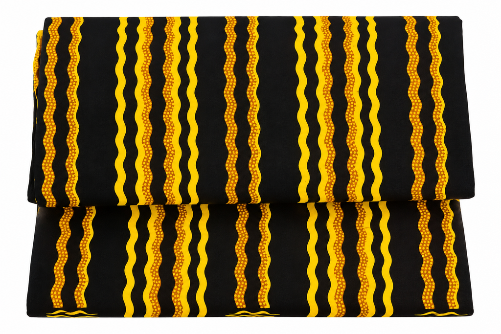 Black and Yellow African Print Fabric – Bold Wavy Stripe Pattern, Golden Accent Cotton Fabric for Dresses, Gowns, Skirts & Traditional Outfits