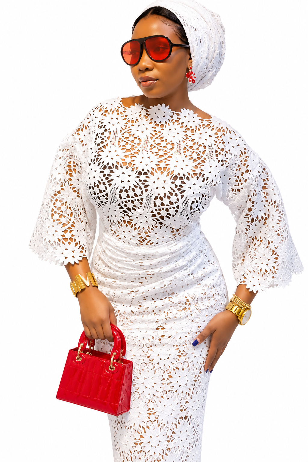 Women's Elegant White Floral Lace Iro and Buba Traditional Outfit with Matching Gele Headwrap, African Wedding and Special Occasion Attire