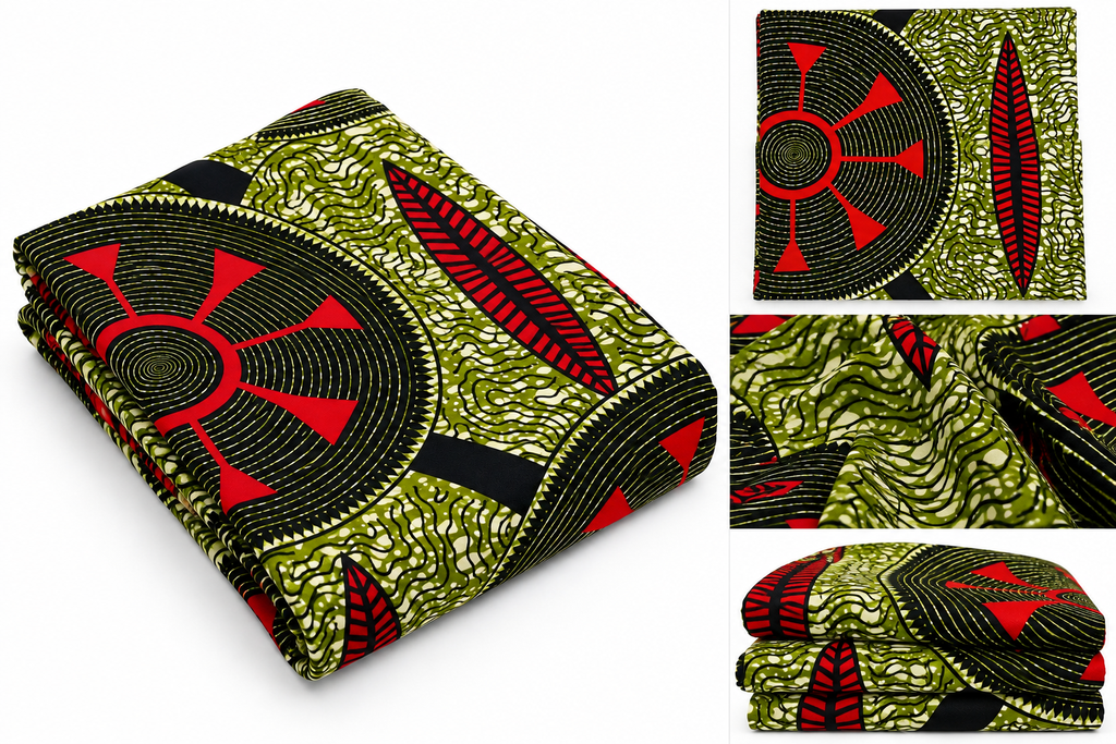 African Ankara Wax Print Fabric – Olive Green, Black & Red Geometric Pattern, Traditional African Fabric for Dresses, Gowns, Skirts, Tops & Sewing Projects