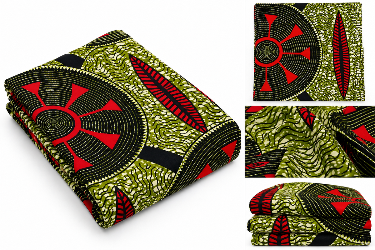 African Ankara Wax Print Fabric – Olive Green, Black & Red Geometric Pattern, Traditional African Fabric for Dresses, Gowns, Skirts, Tops & Sewing Projects