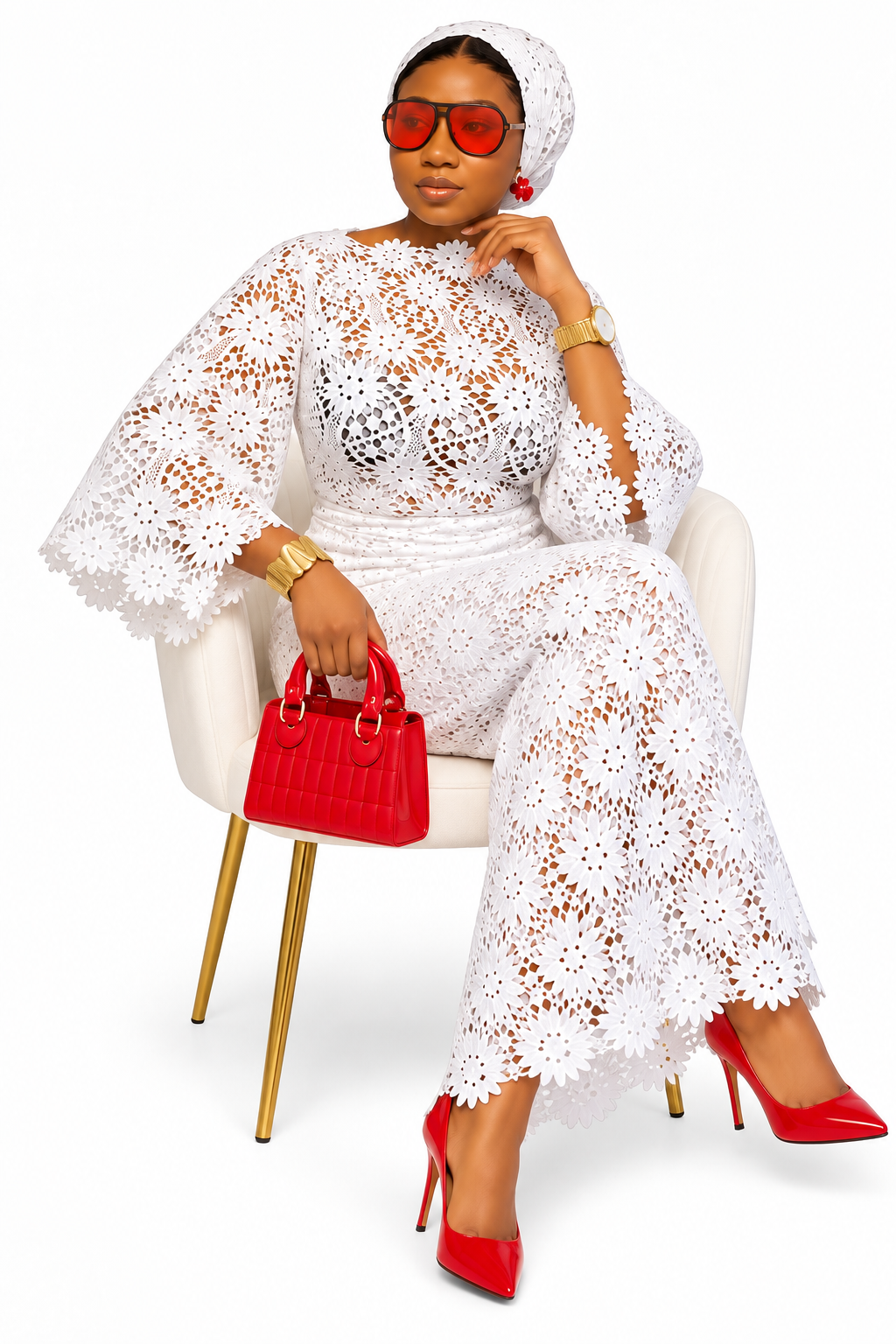 Women's Elegant White Floral Lace Iro and Buba Traditional Outfit with Matching Gele Headwrap, African Wedding and Special Occasion Attire