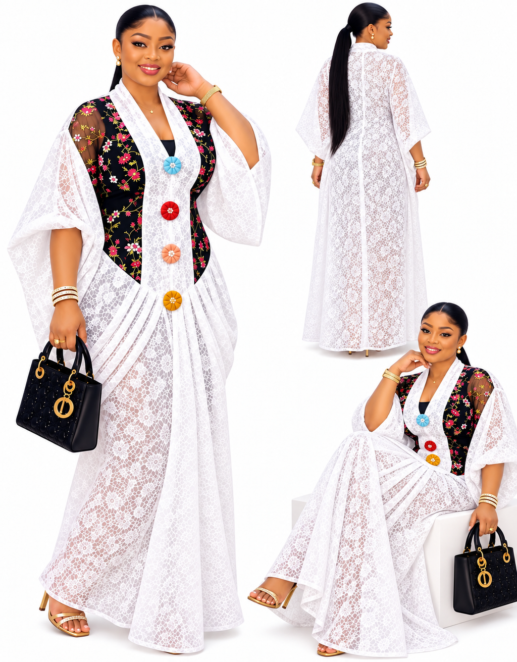 Elegant White Lace Maxi Gown with Floral Print Front Panel and Decorative Buttons