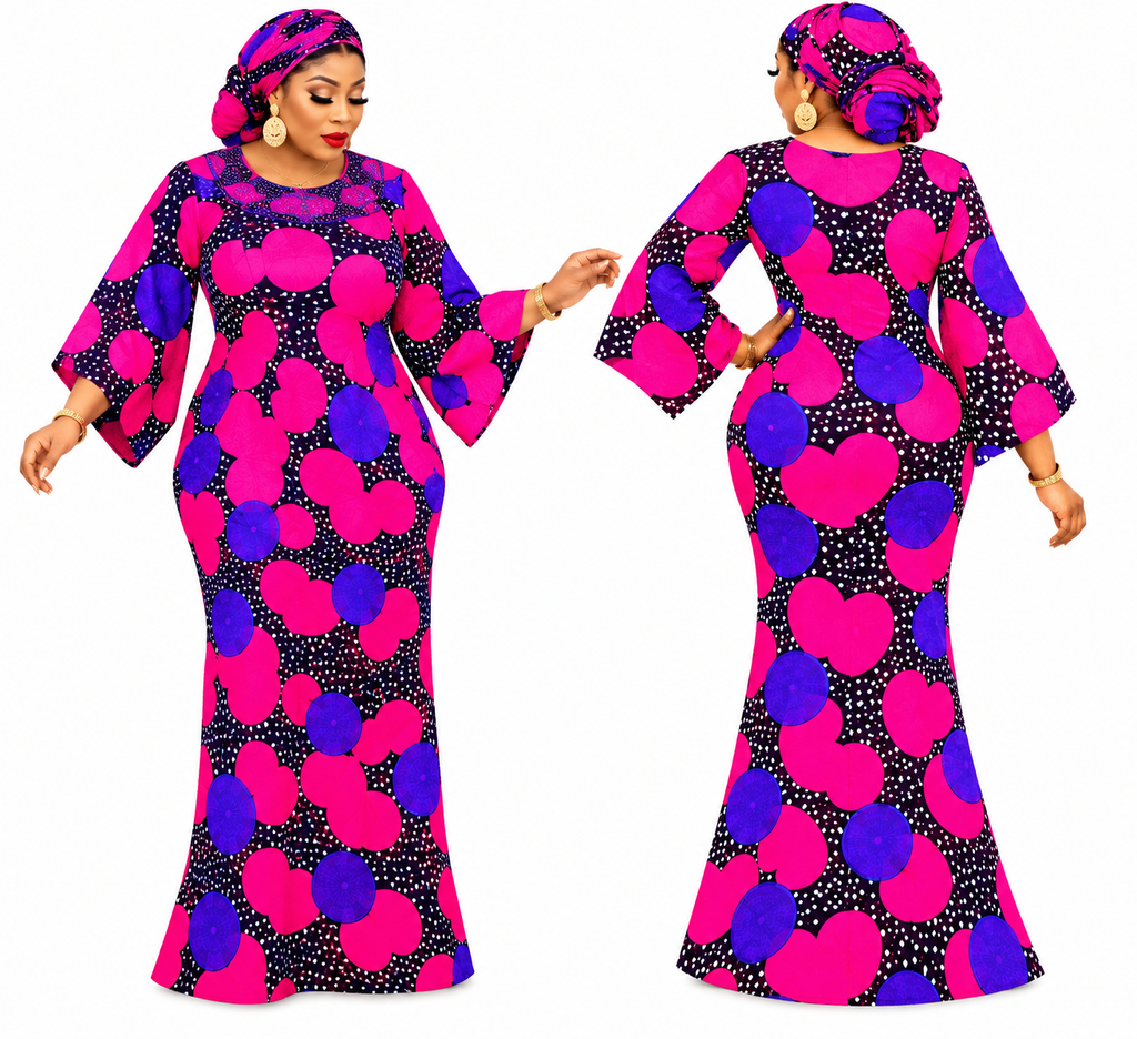 confidence.  Features:  * Style: African print maxi gown * Neckline: Round neck * Sleeves: Three-quarter flared sleeves * Length: Floor-length * Pattern: Hot pink, royal purple, and black circular print * Included accessory: Matching headwrap