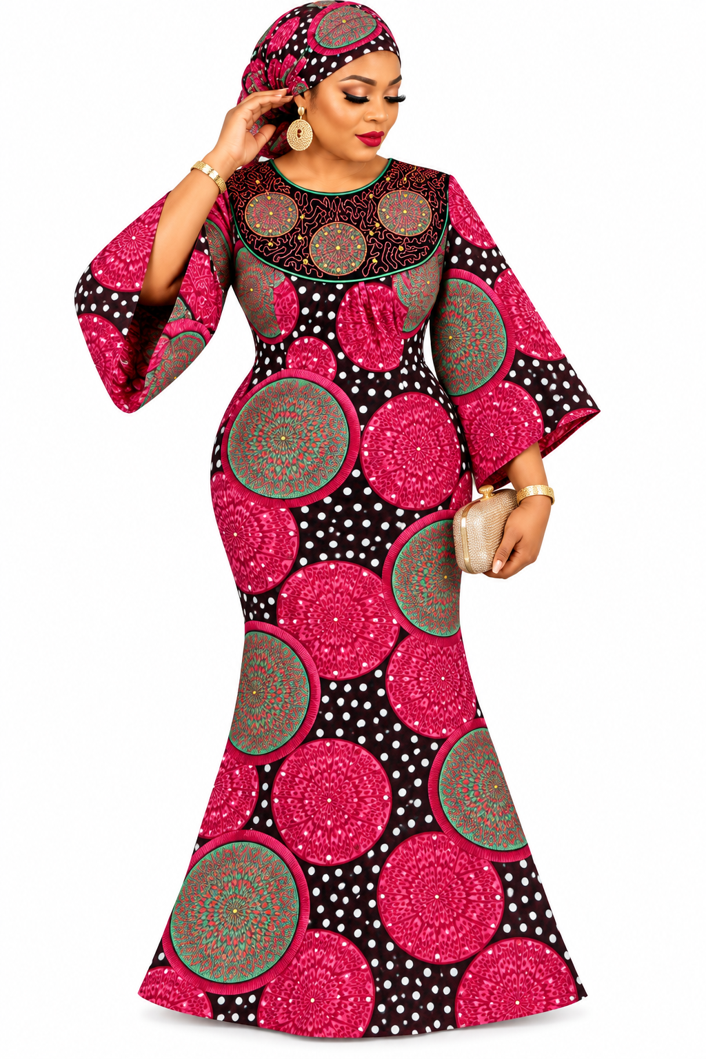 Women’s African Print Maxi Gown with Matching Headwrap, XL Size, Round Neck, 3/4 Flared Sleeves, Pink and Purple Ankara Dress for Special Occasions