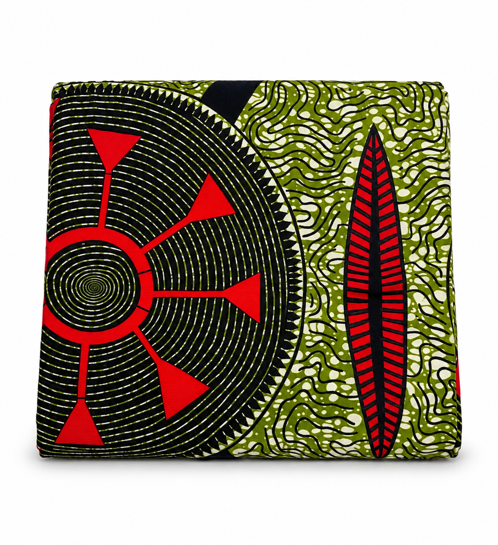 African Ankara Wax Print Fabric – Olive Green, Black & Red Geometric Pattern, Traditional African Fabric for Dresses, Gowns, Skirts, Tops & Sewing Projects
