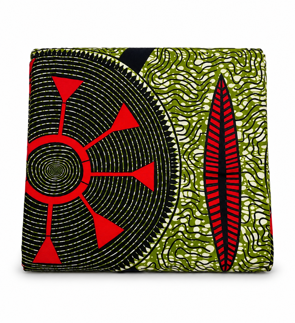 African Ankara Wax Print Fabric – Olive Green, Black & Red Geometric Pattern, Traditional African Fabric for Dresses, Gowns, Skirts, Tops & Sewing Projects