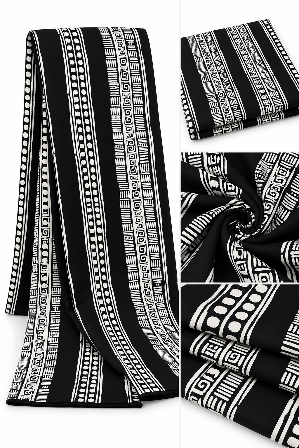 Black and White African-Inspired Geometric Print Fabric – Bold Tribal Pattern Textile for Dresses, Gowns, Skirts & Traditional Outfits 6 yard