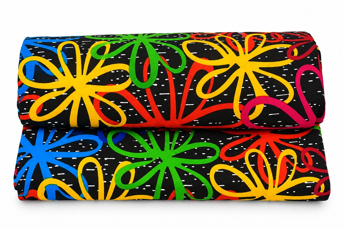 Vibrant African Ankara Wax Print Fabric – Multicolor Floral Pattern on Black Background, Traditional African Print for Dresses, Gowns, Skirts & Fashion Sewing
