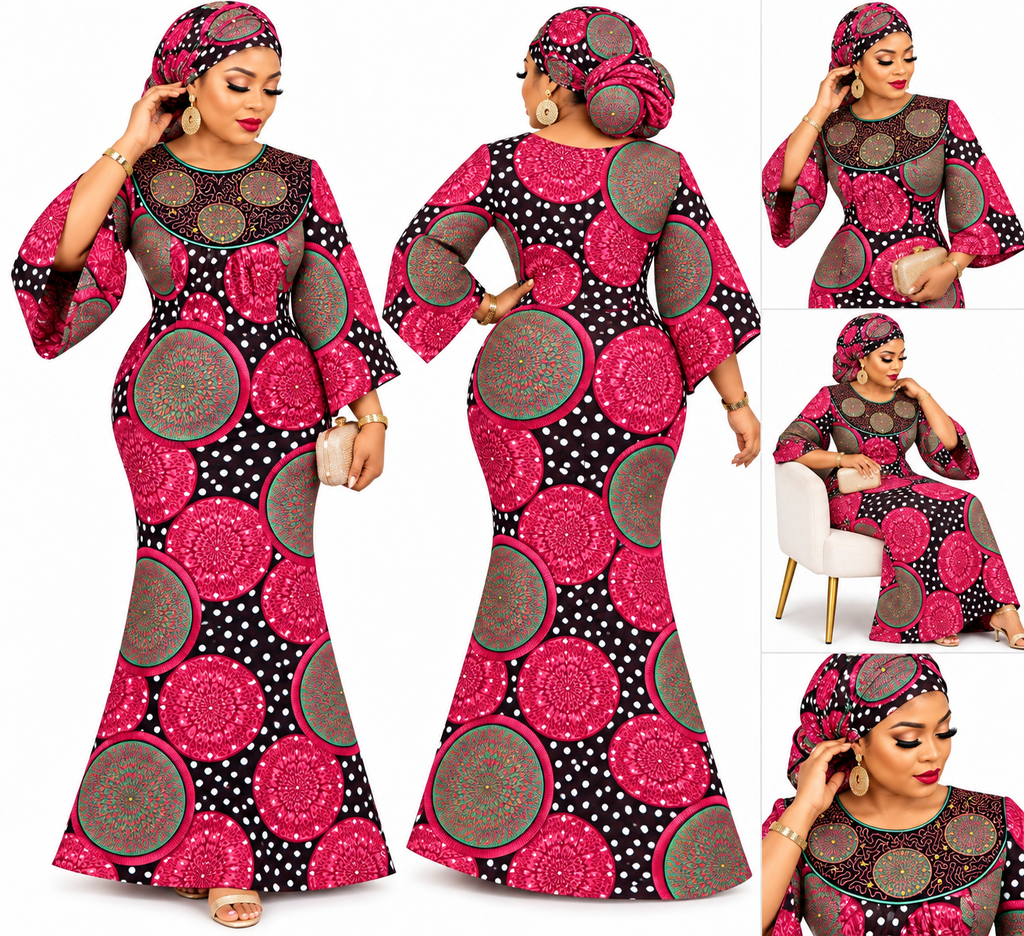 Women’s African Print Maxi Gown with Matching Headwrap, XL Size, Round ...