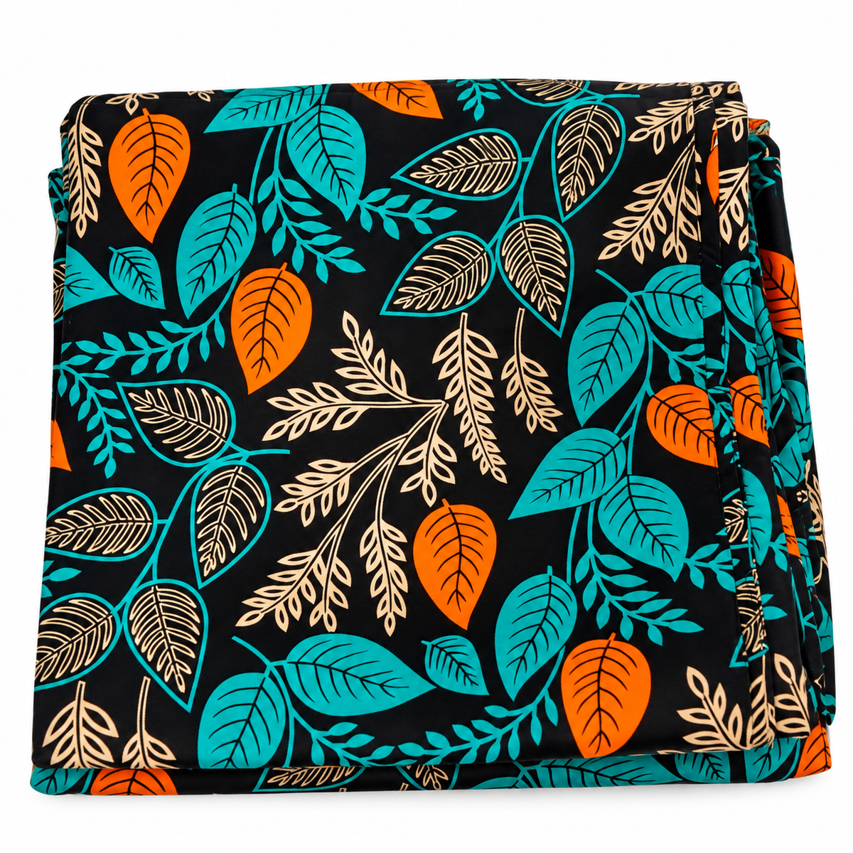 African Wax Print Fabric – Black Teal Orange & Cream Botanical Leaf Pattern, Vibrant Ankara Fabric for Dresses, Gowns, Skirts & Sewing Projects