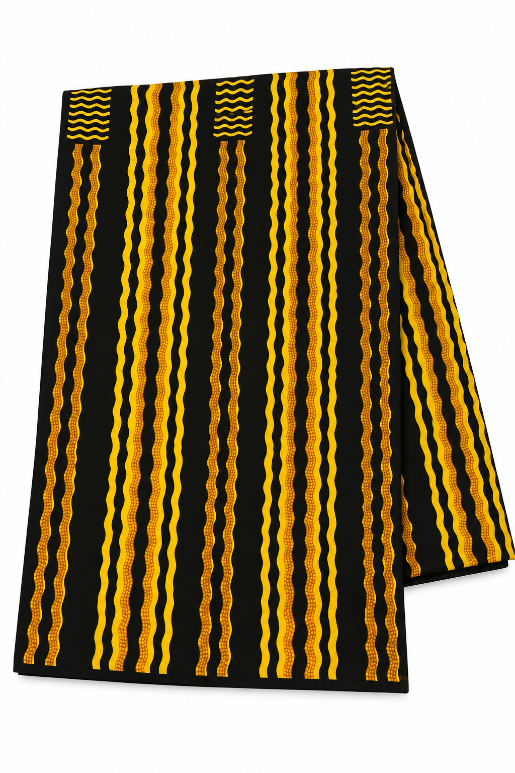 Black and Yellow African Print Fabric – Bold Wavy Stripe Pattern, Golden Accent Cotton Fabric for Dresses, Gowns, Skirts & Traditional Outfits