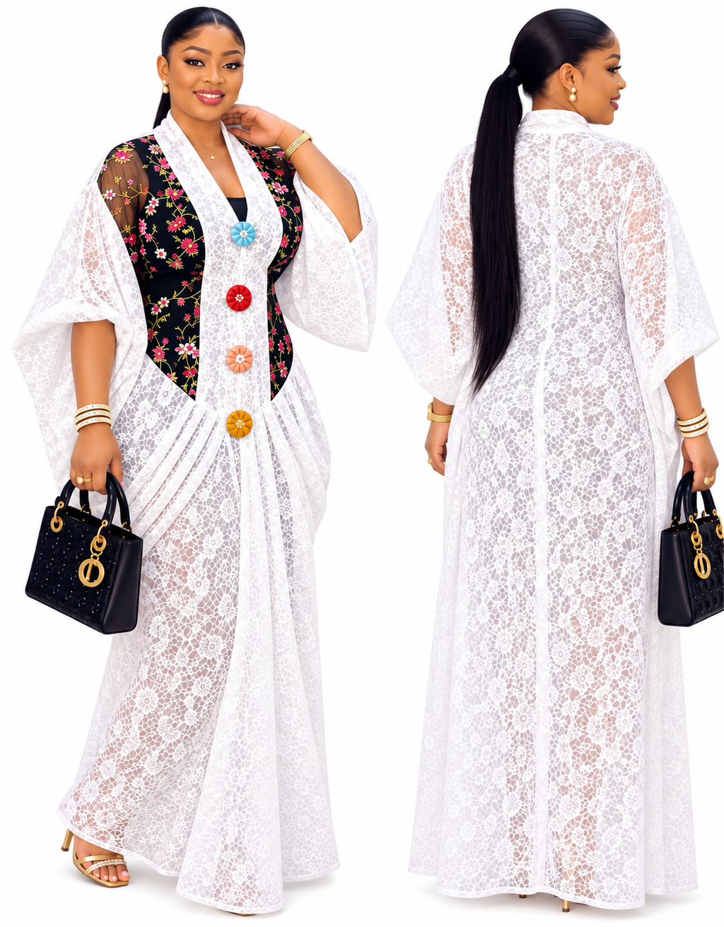 Elegant White Lace Maxi Gown with Floral Print Front Panel and Decorative Buttons