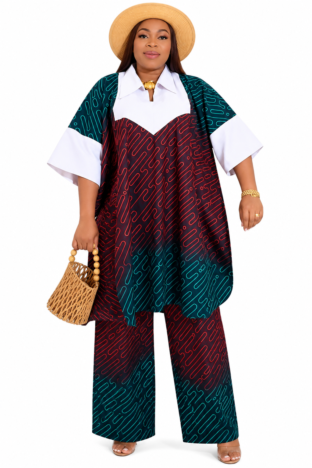 Women’s Two-Piece Printed Blouse and Trousers Set, Elegant Burgundy Red and Teal Outfit with White Collar, Size 12