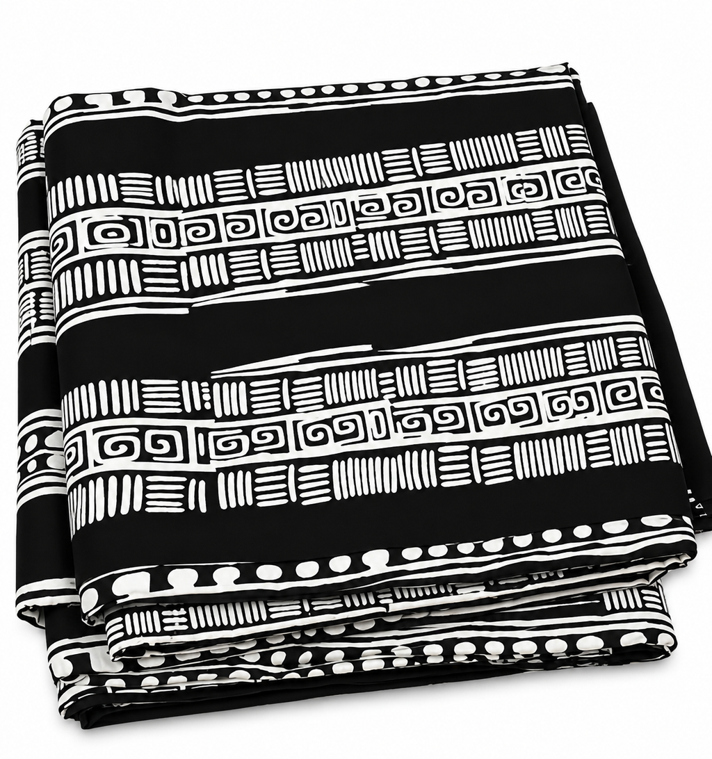 Black and White African-Inspired Geometric Print Fabric – Bold Tribal Pattern Textile for Dresses, Gowns, Skirts & Traditional Outfits 6 yard