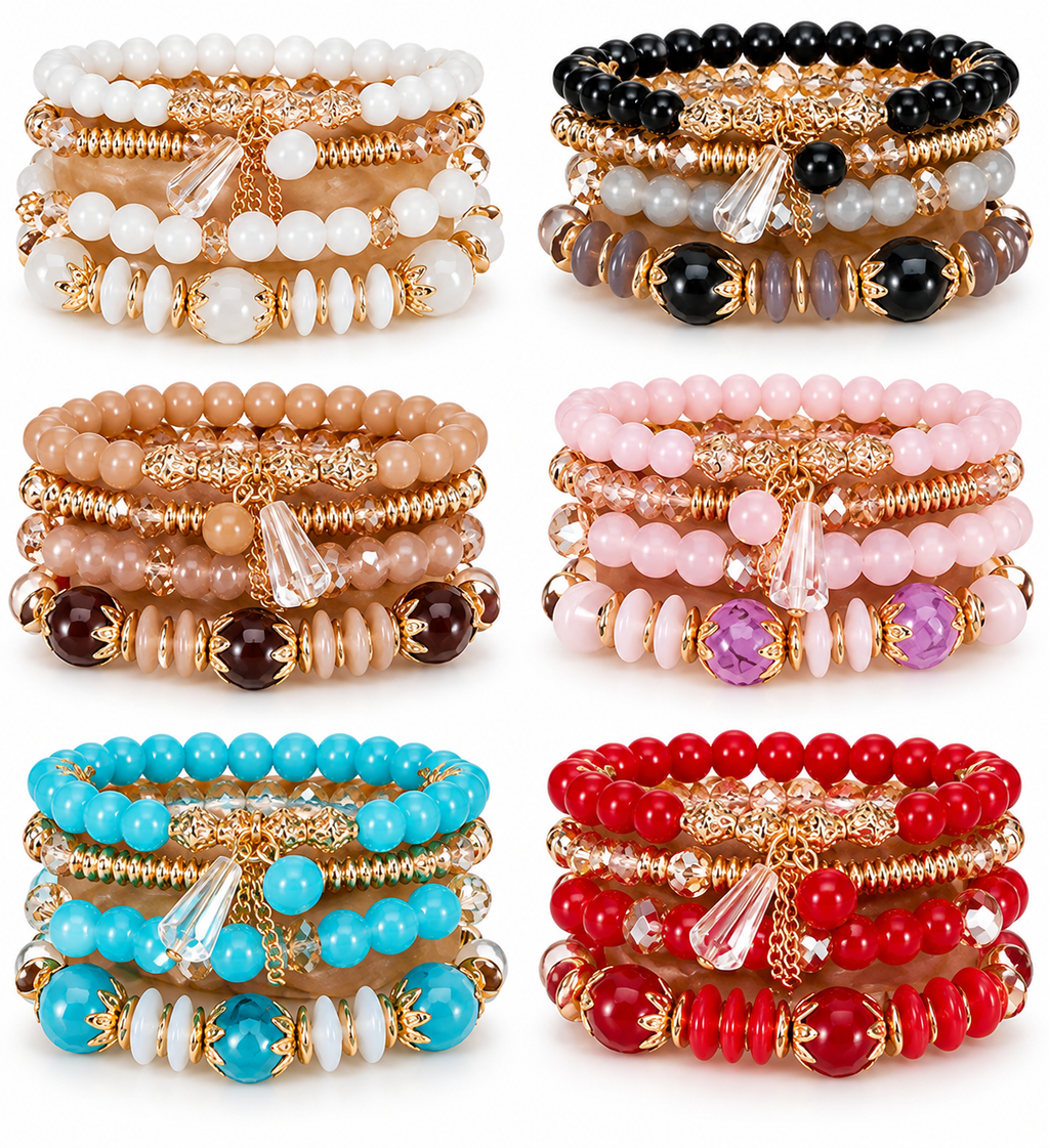 Title: Women’s Beaded Stretch Bracelet Stack Set, 4-Piece Boho Fashion Jewelry Set with Gold-Tone Charms, Colorful Beaded Bracelets for Women and Girls