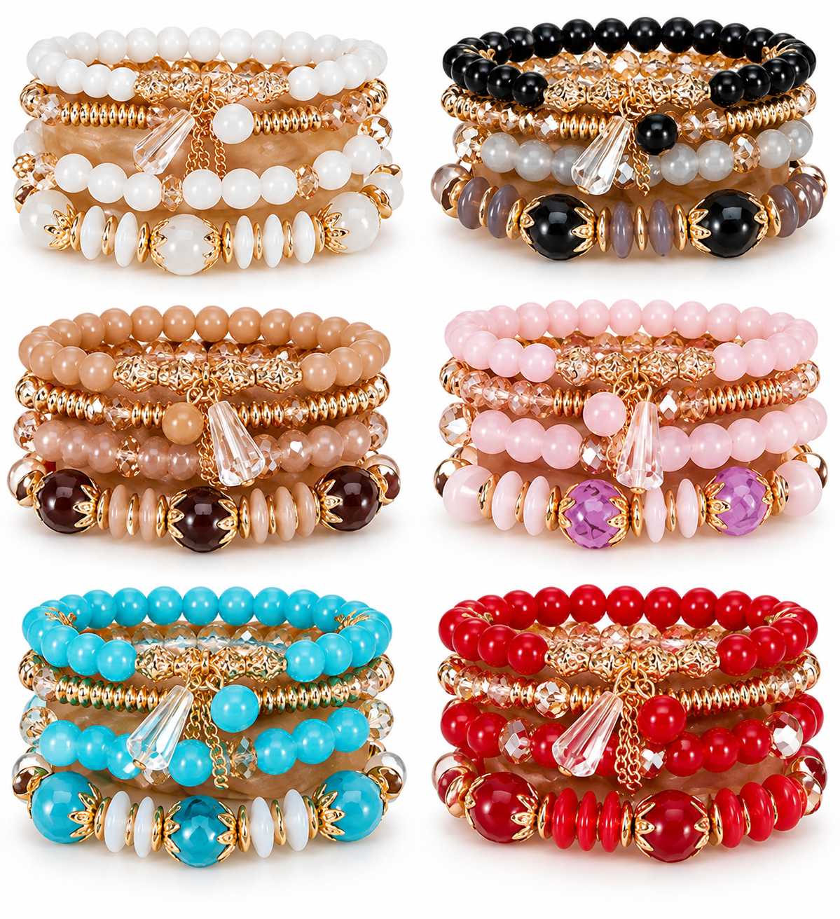 Title: Women’s Beaded Stretch Bracelet Stack Set, 4-Piece Boho Fashion Jewelry Set with Gold-Tone Charms, Colorful Beaded Bracelets for Women and Girls