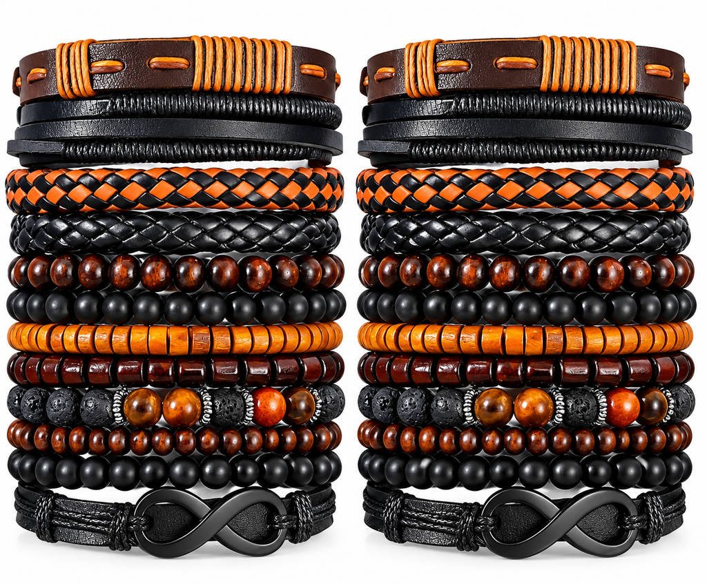12-Piece Men’s Bracelet Set, Leather and Beaded Stackable Bracelets, Wooden Beads, Braided Wristbands, Casual Fashion Jewelry for Men, Black & Brown