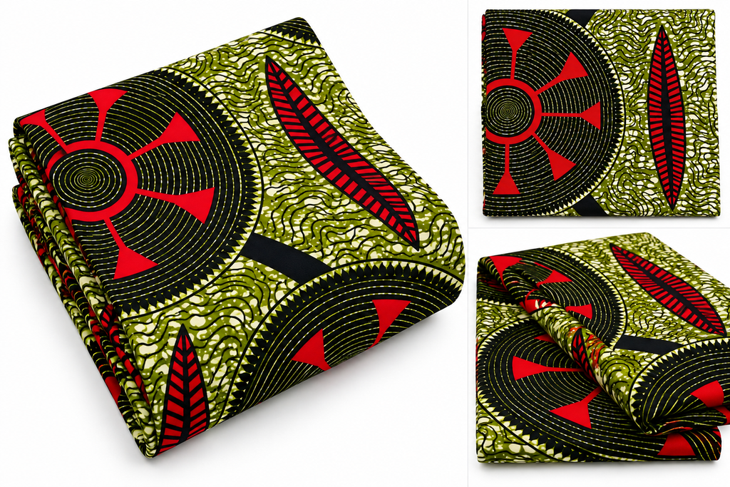 African Ankara Wax Print Fabric – Olive Green, Black & Red Geometric Pattern, Traditional African Fabric for Dresses, Gowns, Skirts, Tops & Sewing Projects