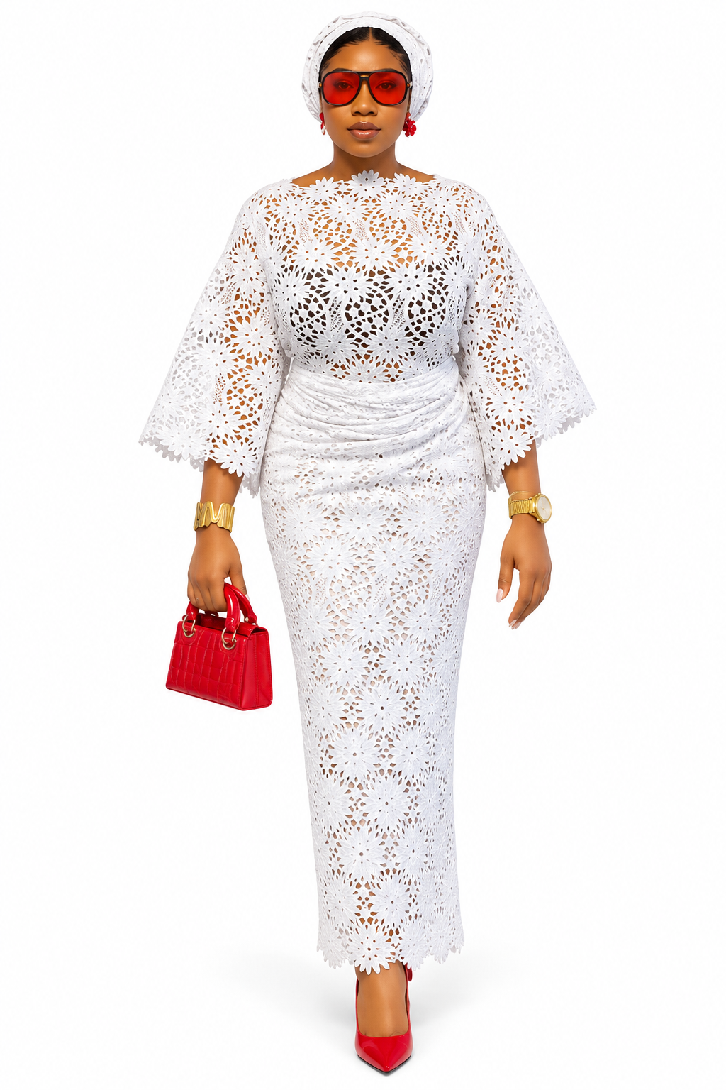 Women's Elegant White Floral Lace Iro and Buba Traditional Outfit with Matching Gele Headwrap, African Wedding and Special Occasion Attire