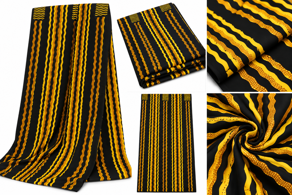 Black and Yellow African Print Fabric – Bold Wavy Stripe Pattern, Golden Accent Cotton Fabric for Dresses, Gowns, Skirts & Traditional Outfits