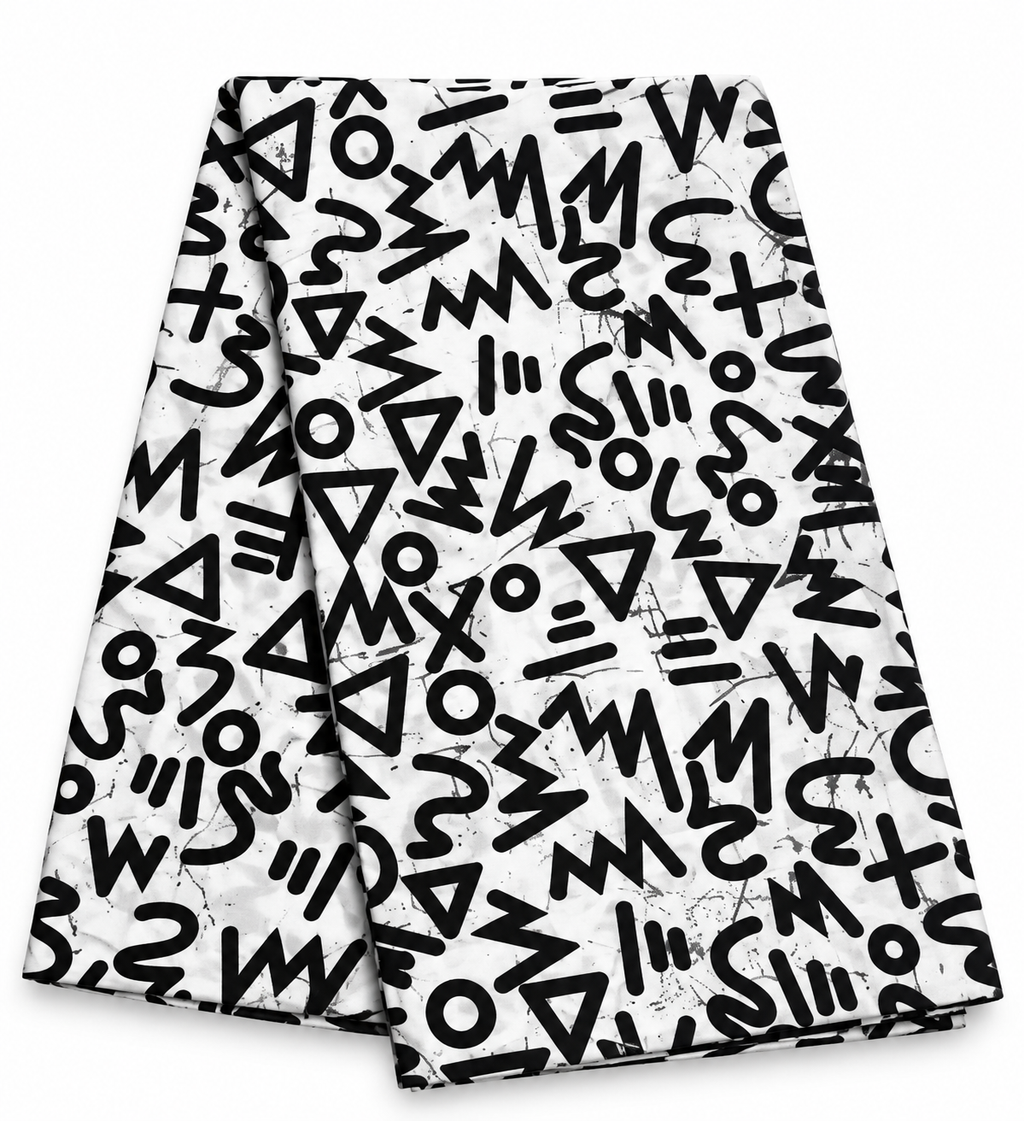 Black and White African Ankara Wax Print Fabric – Bold Abstract Geometric Tribal Pattern, 6 Yards