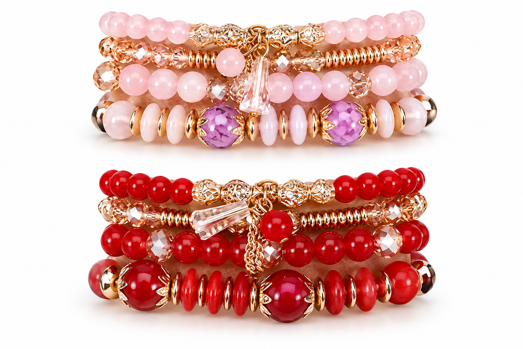 Title: Women’s Beaded Stretch Bracelet Stack Set, 4-Piece Boho Fashion Jewelry Set with Gold-Tone Charms, Colorful Beaded Bracelets for Women and Girls