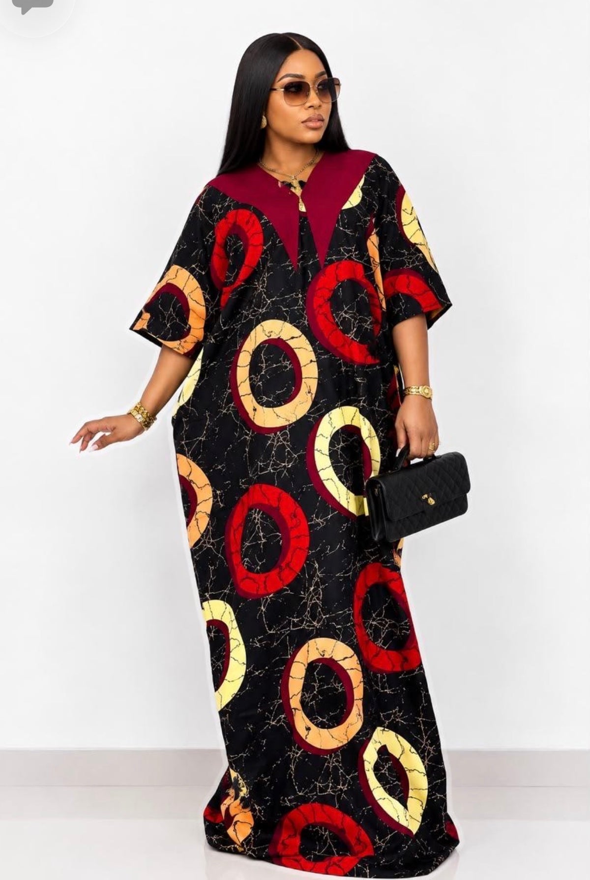 African Ankara Maxi Kaftan Dress with Bow Back
