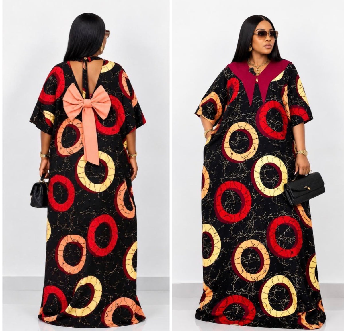 African Ankara Maxi Kaftan Dress with Bow Back