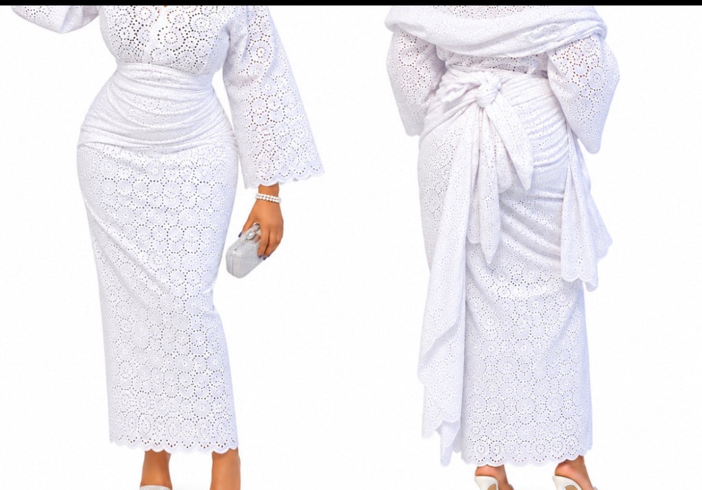 Women’s African Lace Iro and Buba Two-Piece Outfit with Matching Headwrap – Elegant Traditional Dress