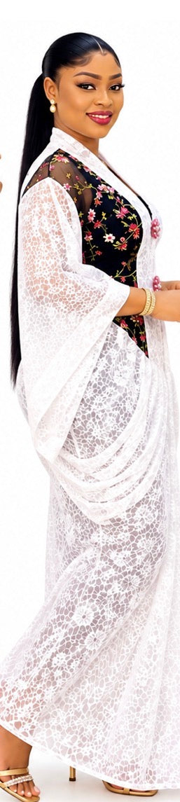 Elegant White Lace Maxi Gown with Floral Print Front Panel and Decorative Buttons