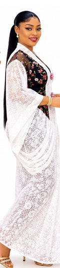 Elegant White Lace Maxi Gown with Floral Print Front Panel and Decorative Buttons