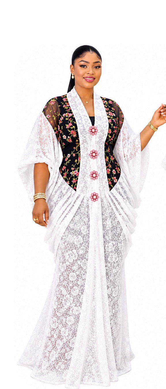 Elegant White Lace Maxi Gown with Floral Print Front Panel and Decorative Buttons