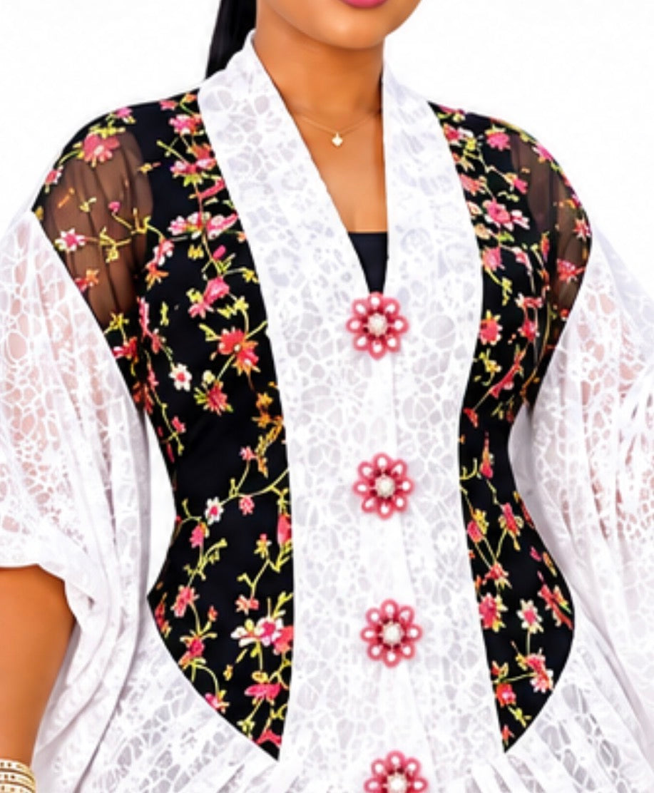 Elegant White Lace Maxi Gown with Floral Print Front Panel and Decorative Buttons