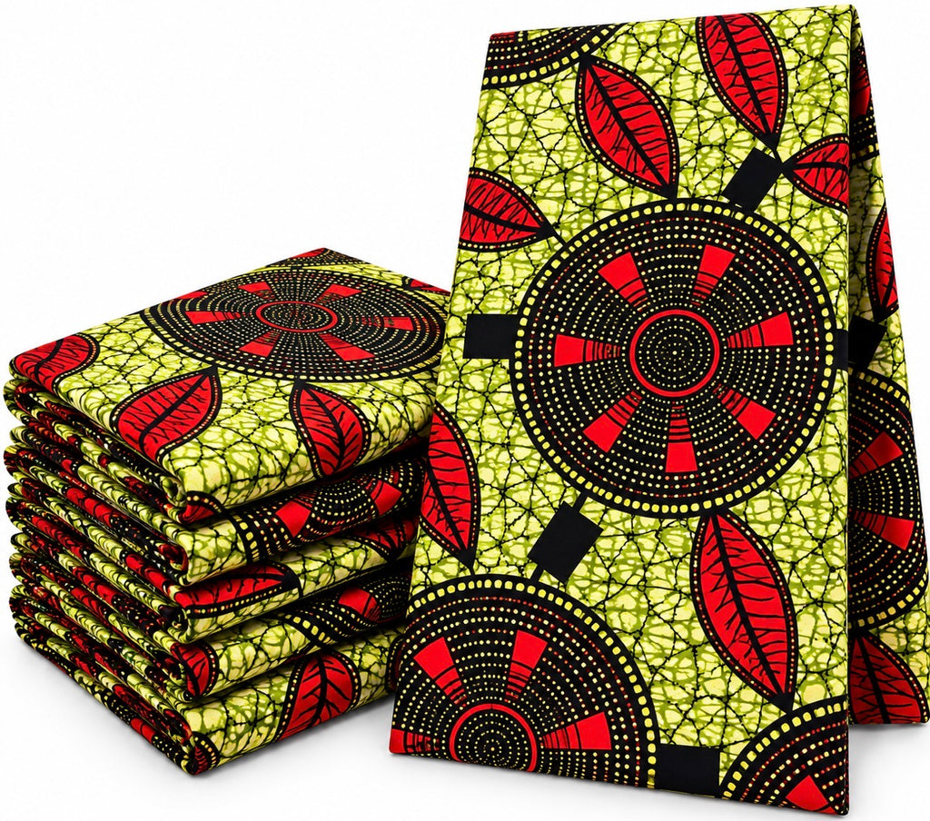 African Ankara Wax Print Fabric – Olive Green, Black & Red Geometric Pattern, Traditional African Fabric for Dresses, Gowns, Skirts, Tops & Sewing Projects