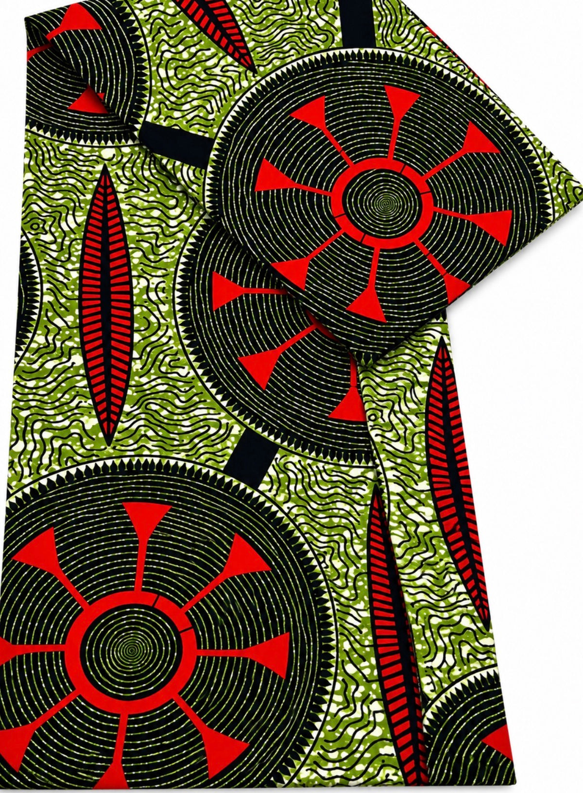 African Ankara Wax Print Fabric – Olive Green, Black & Red Geometric Pattern, Traditional African Fabric for Dresses, Gowns, Skirts, Tops & Sewing Projects