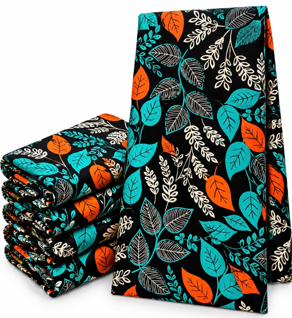 African Wax Print Fabric – Black Teal Orange & Cream Botanical Leaf Pattern, Vibrant Ankara Fabric for Dresses, Gowns, Skirts & Sewing Projects