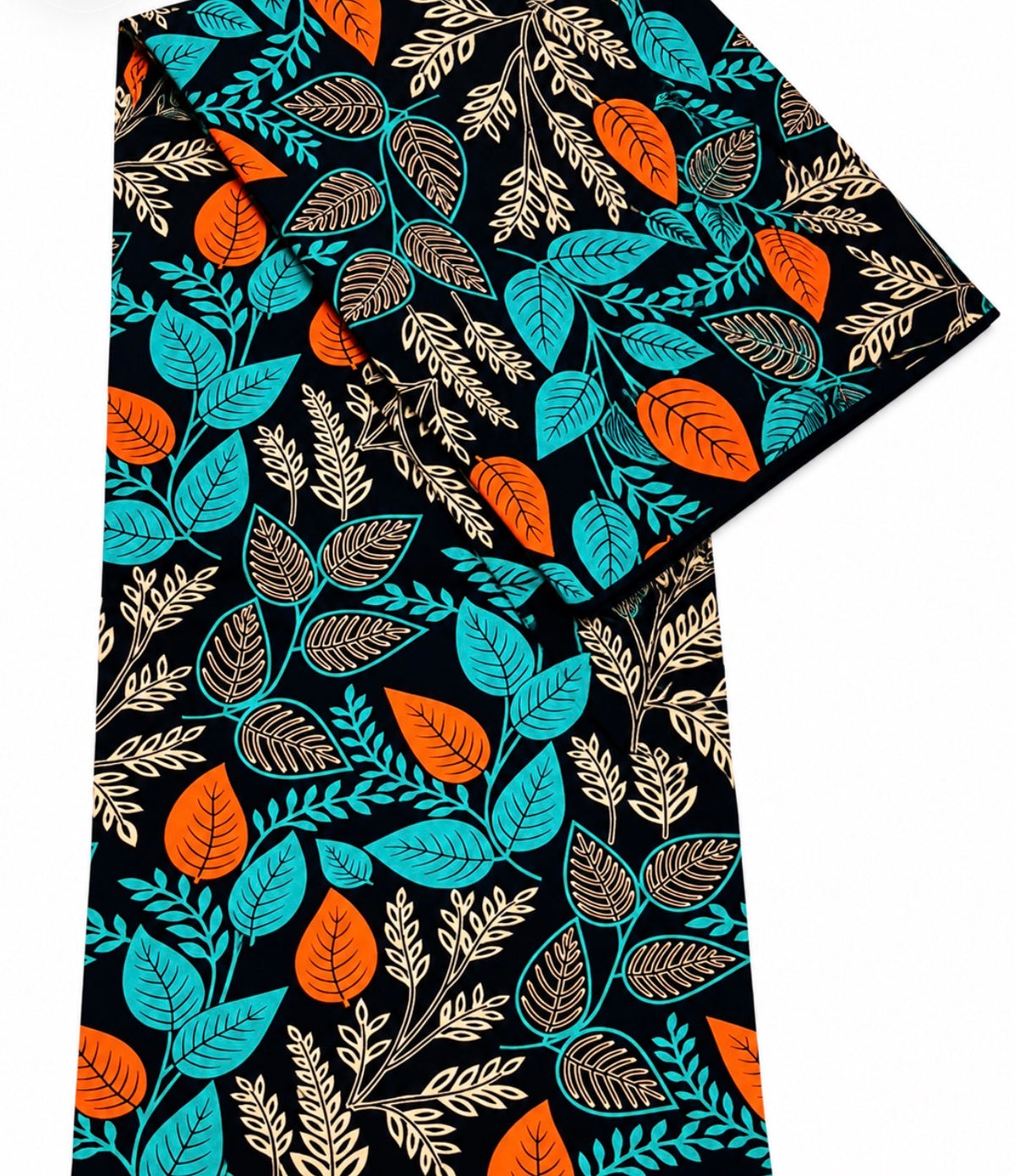 African Wax Print Fabric – Black Teal Orange & Cream Botanical Leaf Pattern, Vibrant Ankara Fabric for Dresses, Gowns, Skirts & Sewing Projects