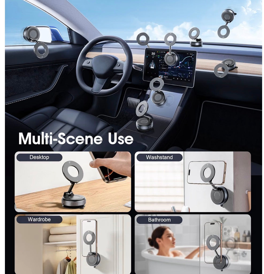 Title: Magnetic Car Phone Holder, 360° Adjustable Dashboard & Windshield Mount with Strong Suction Base and Foldable