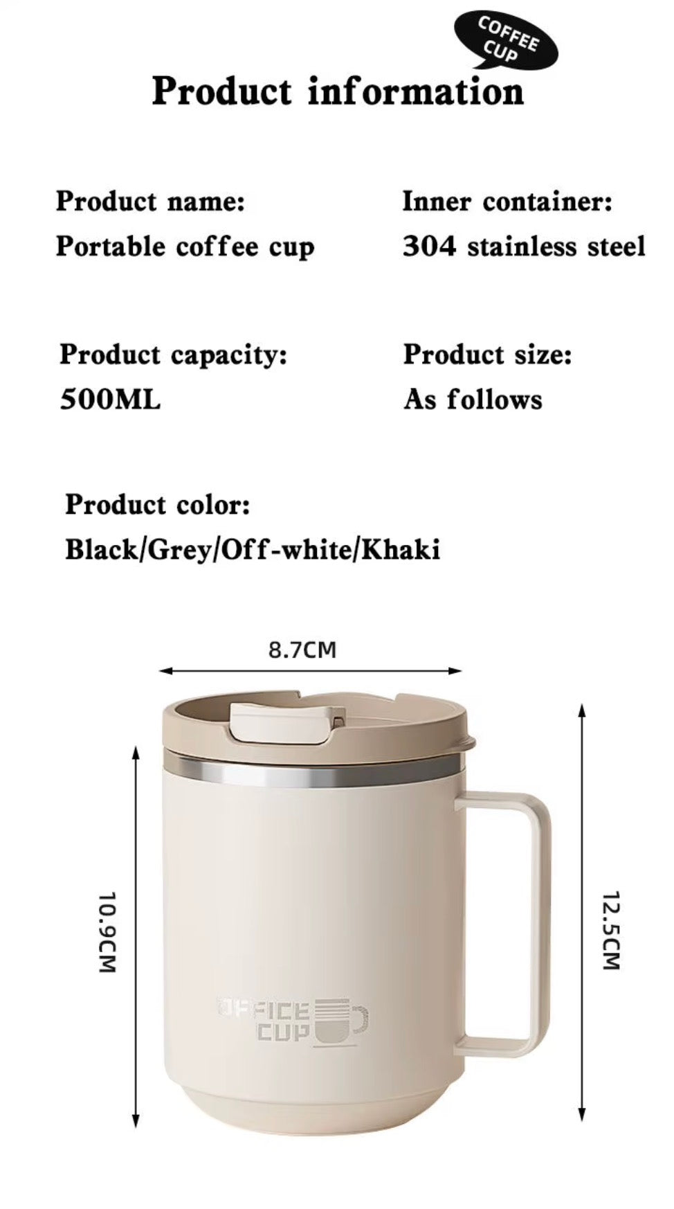 Stainless Steel Insulated Coffee Mug with Lid and Handle, Double-Wall Travel Coffee Cup for Hot & Cold Drinks, Reusable Office Mug