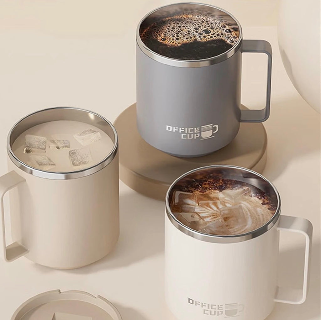 Stainless Steel Insulated Coffee Mug with Lid and Handle, Double-Wall Travel Coffee Cup for Hot & Cold Drinks, Reusable Office Mug