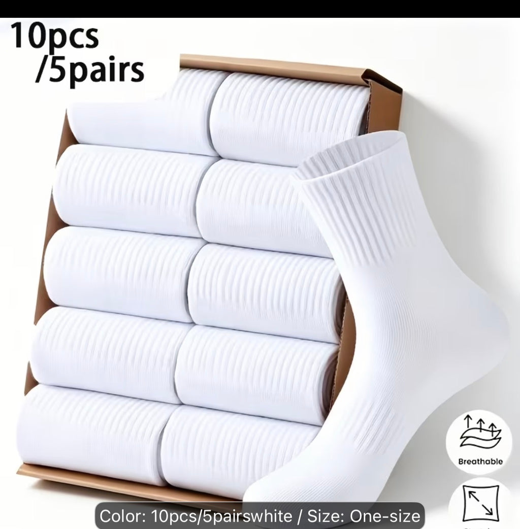 Men’s White Crew Socks, 5 Pairs, Ribbed Stretch Cotton Casual Athletic Socks