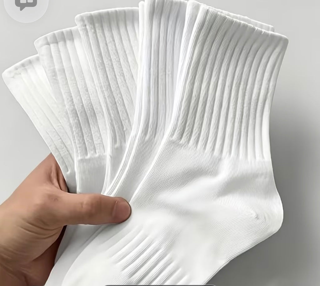 Men’s White Crew Socks, 5 Pairs, Ribbed Stretch Cotton Casual Athletic Socks