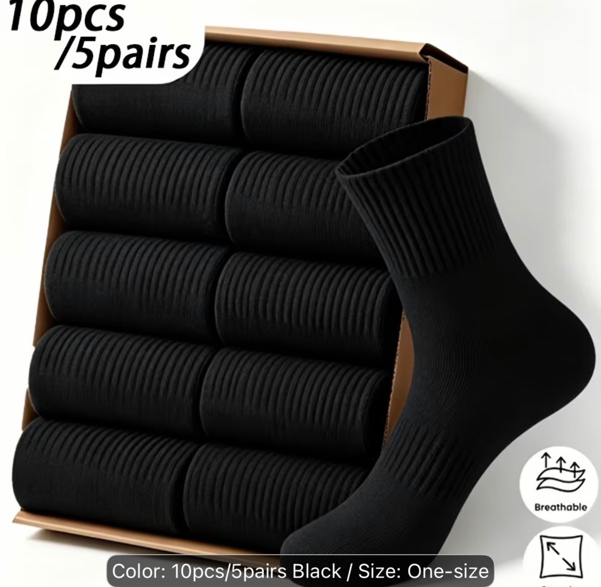 Men’s White Crew Socks, 5 Pairs, Ribbed Stretch Cotton Casual Athletic Socks