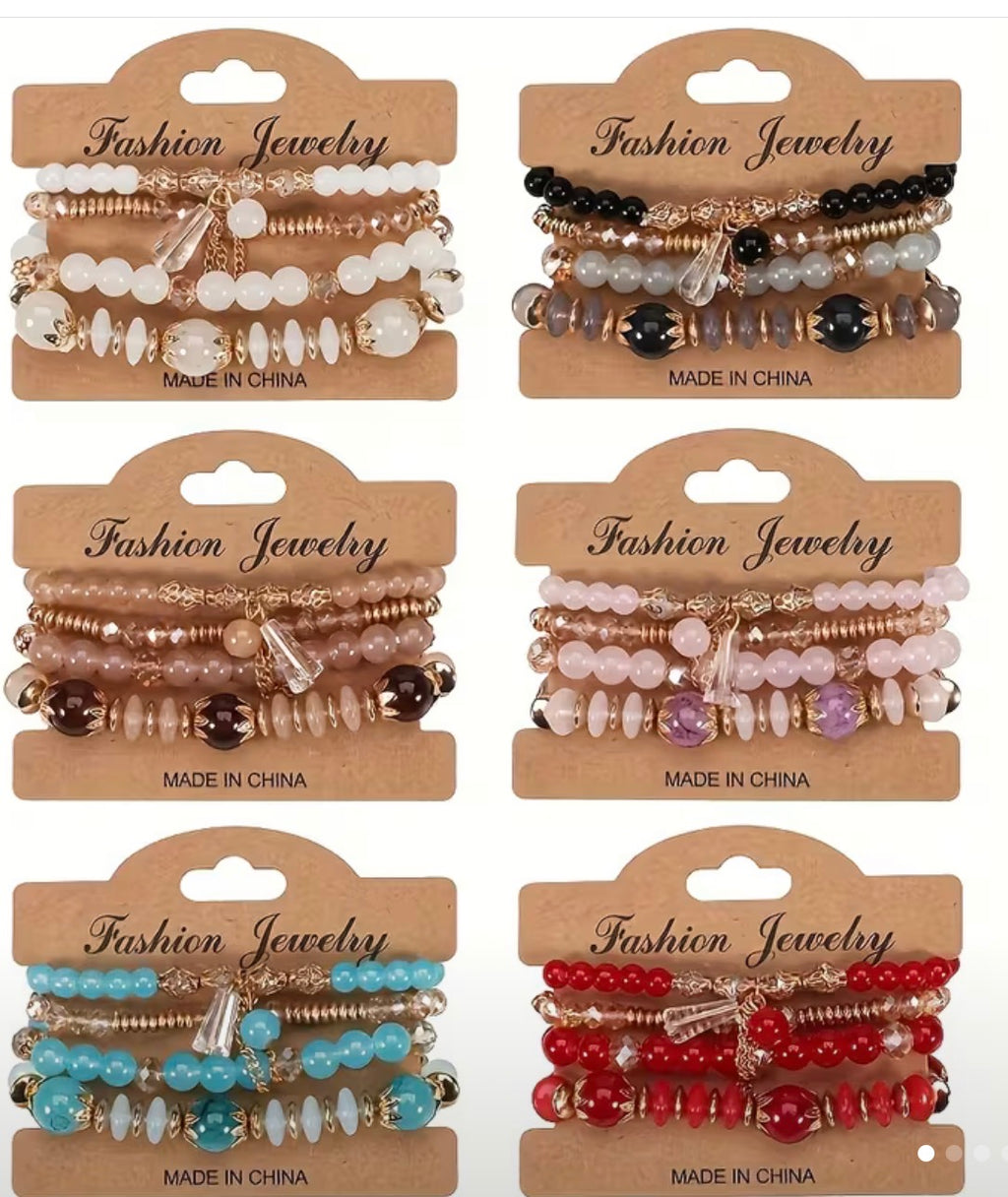 Title: Women’s Beaded Stretch Bracelet Stack Set, 4-Piece Boho Fashion Jewelry Set with Gold-Tone Charms, Colorful Beaded Bracelets for Women and Girls