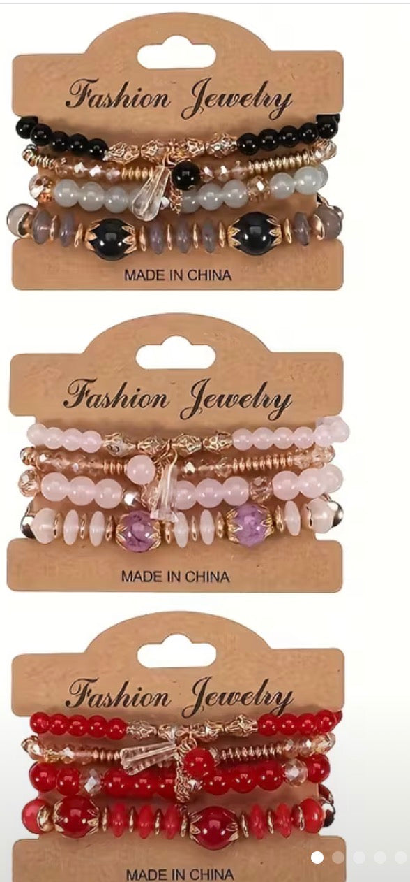 Title: Women’s Beaded Stretch Bracelet Stack Set, 4-Piece Boho Fashion Jewelry Set with Gold-Tone Charms, Colorful Beaded Bracelets for Women and Girls