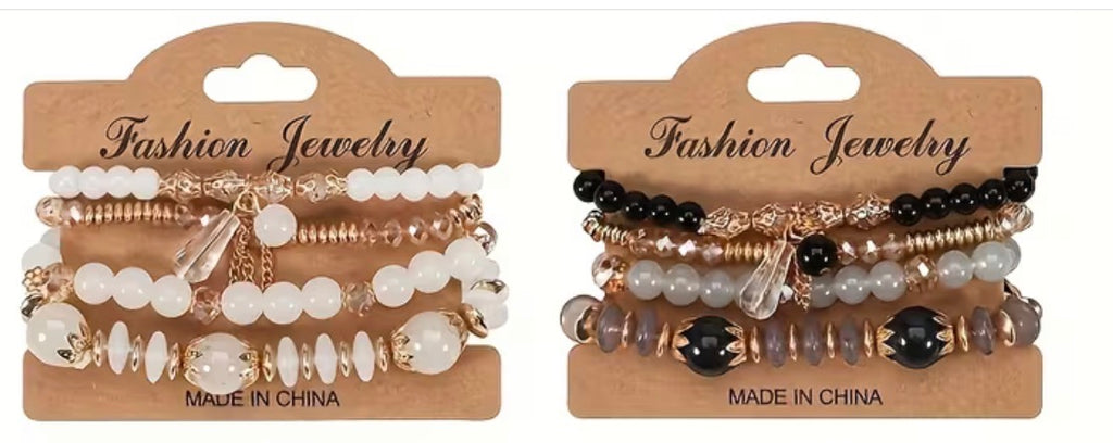 Title: Women’s Beaded Stretch Bracelet Stack Set, 4-Piece Boho Fashion Jewelry Set with Gold-Tone Charms, Colorful Beaded Bracelets for Women and Girls
