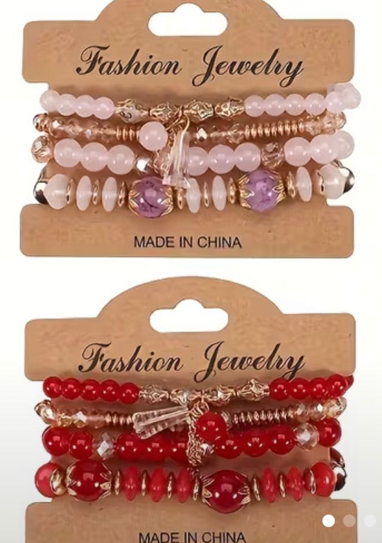 Title: Women’s Beaded Stretch Bracelet Stack Set, 4-Piece Boho Fashion Jewelry Set with Gold-Tone Charms, Colorful Beaded Bracelets for Women and Girls