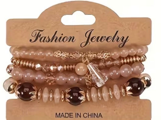 Title: Women’s Beaded Stretch Bracelet Stack Set, 4-Piece Boho Fashion Jewelry Set with Gold-Tone Charms, Colorful Beaded Bracelets for Women and Girls